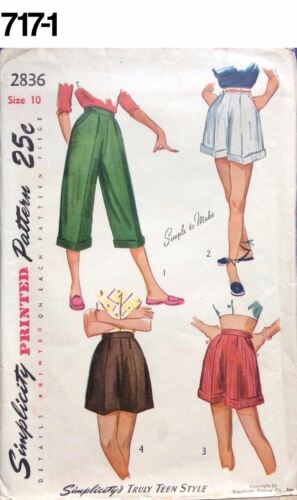 Vintage 1950s Sewing Pattern Simplicity #2836 Size 10 Teen Pedal Pushers  Shorts