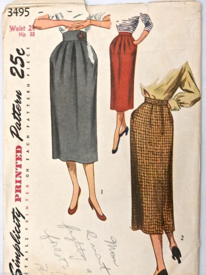 Vintage 1950s Sewing Pattern Simplicity #3495 Pencil Skirt Waist 24 Hip 33