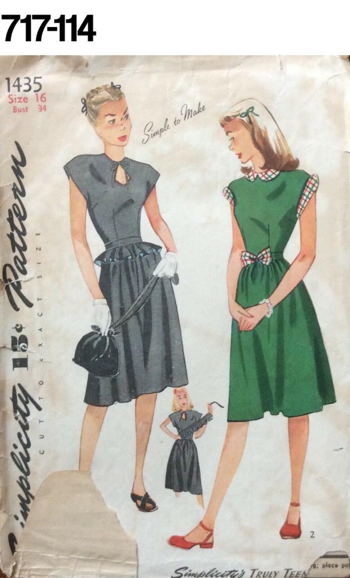 VTG Sewing Pattern Simplicity #1435 Size 16 Bust 34 Dress 1940s 1945 WW2