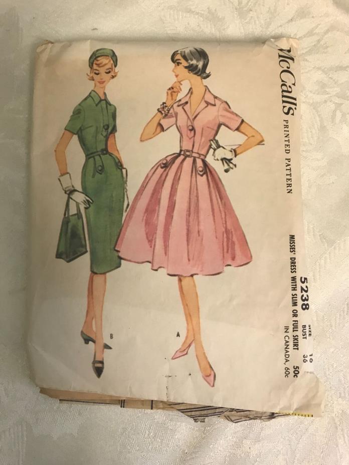 Vintage 50's McCalls Sewing Pattern Dresses 5238 Slim or Full Skirt S 16 Bust 36