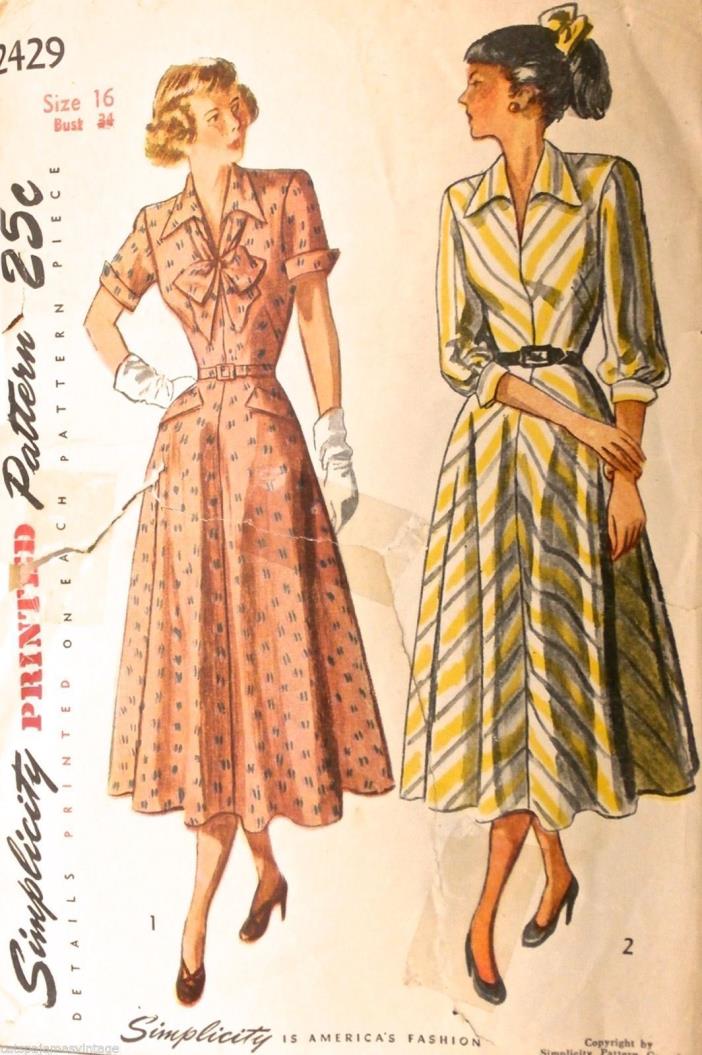Vintage 1950s Sewing Pattern Simplicity #2429 Size 16 Bust 34 New Look Dress