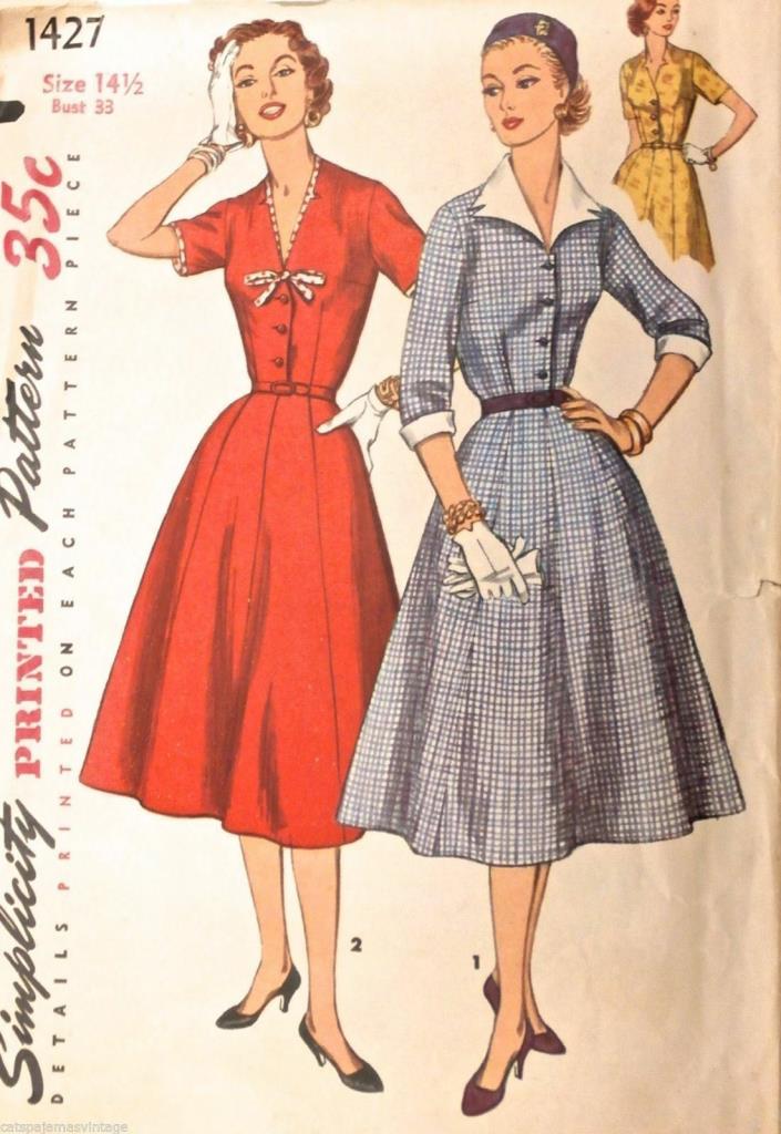 Vintage Simplicity 1950s Sewing Pattern  #1427 Dress Size 14 1/2 Bust 33