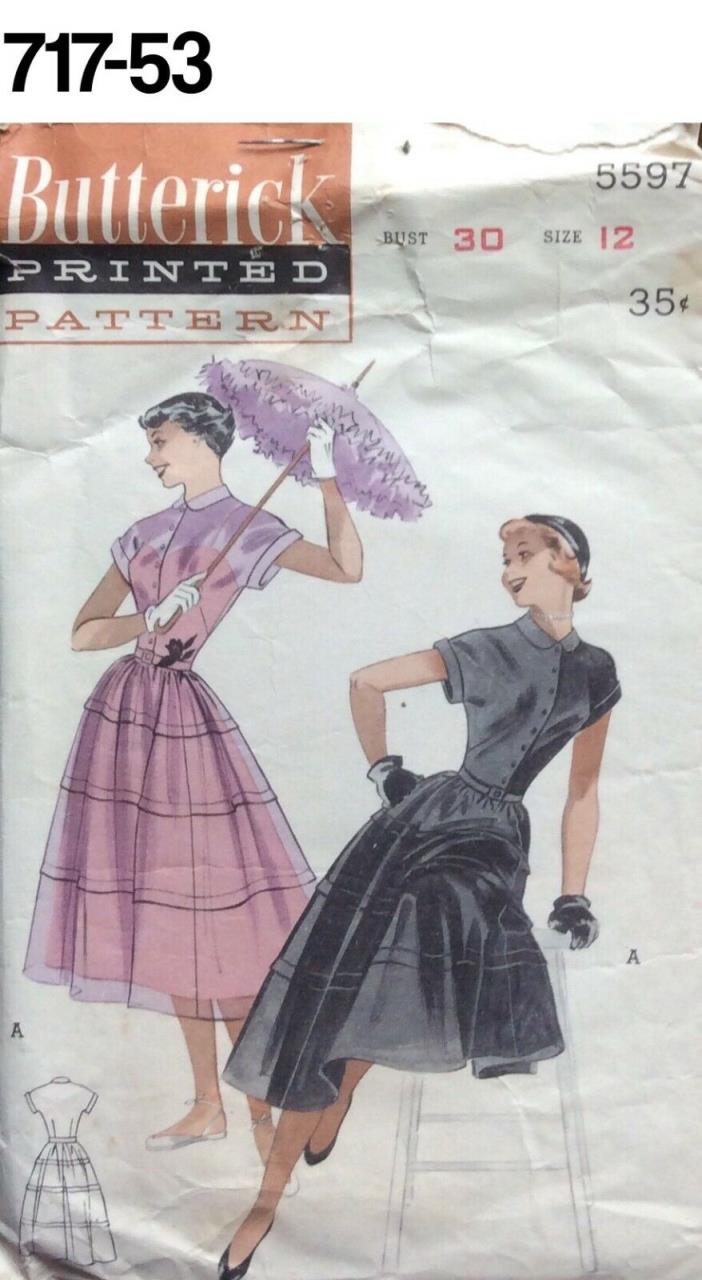 VTG Sewing Pattern Butterick #5597 Size 12 Bust 30 Dress Late 1940s New Look