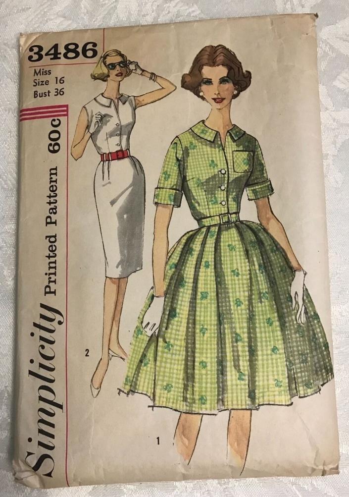 VIntage MCM 60s Full Skirt Dress Simplicity Sewing Pattern 3486 Sz 16 Uncut