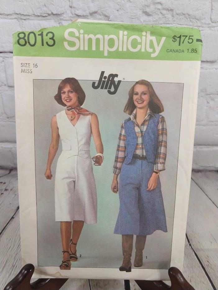 Vintage Simplicity Sewing Pattern 8013 Misses Pants Skirt & Vest Size 16 1977