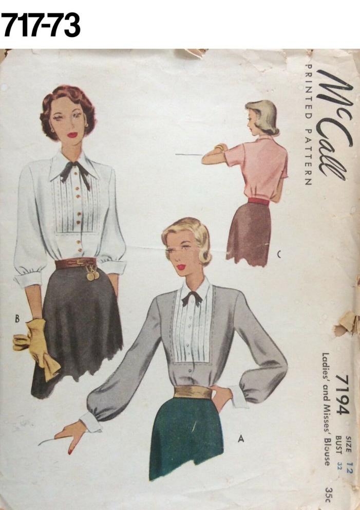VTG Sewing Pattern McCall #7194 Size 12 Bust 32 Blouse 1950s