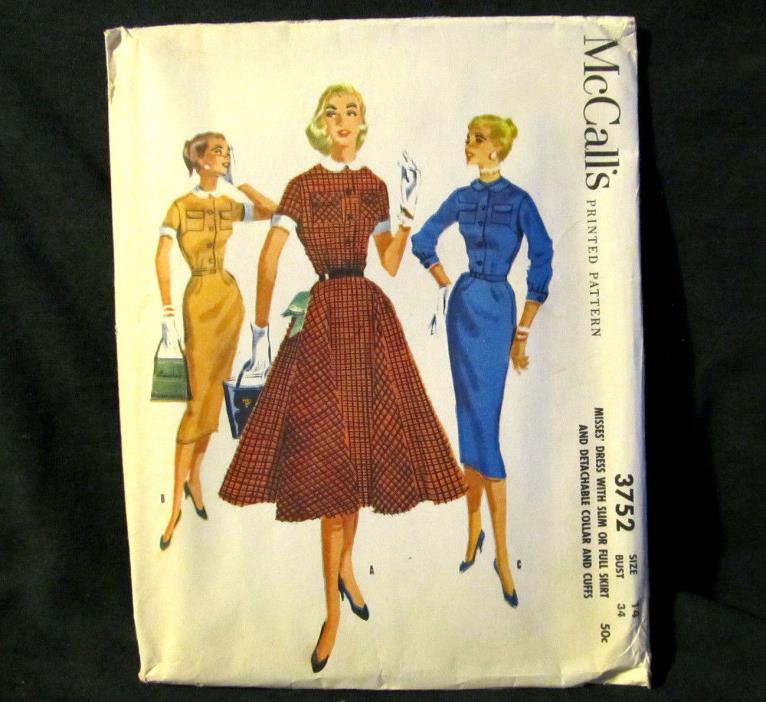Vintage Sewing Pattern Shirt Dress Circle Slim Skirt 1950s Size 14 McCalls 3752
