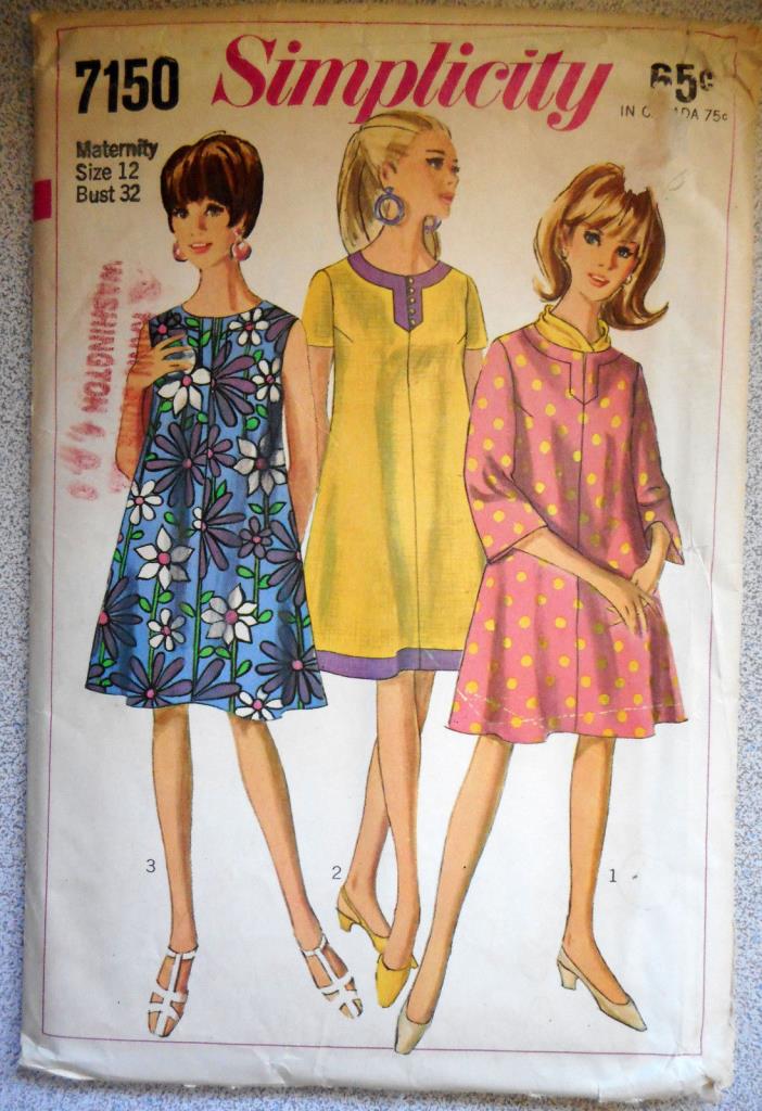 60's Vintage McCalls Pattern 7150 Maternity dress Size 12 Bust 32 flower child