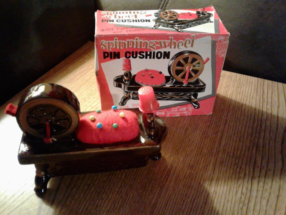 VINTAGE CERAMIC SPINNING WHEEL PIN CUSHION AND TAPE MEASURE & THIMBLE