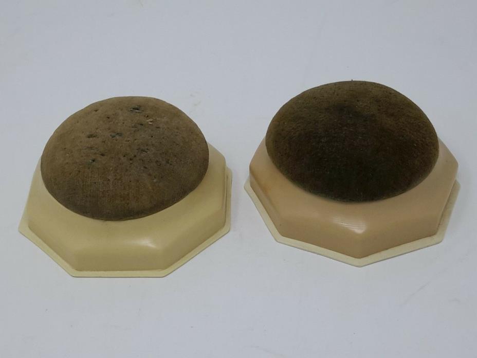 vintage set of 2 octagon celluloid pin cushions and hat pins