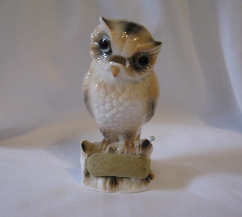 Vintage Ardalt Porcelain Brown Owl Pincushion Figurine 6491 Missing Scissors