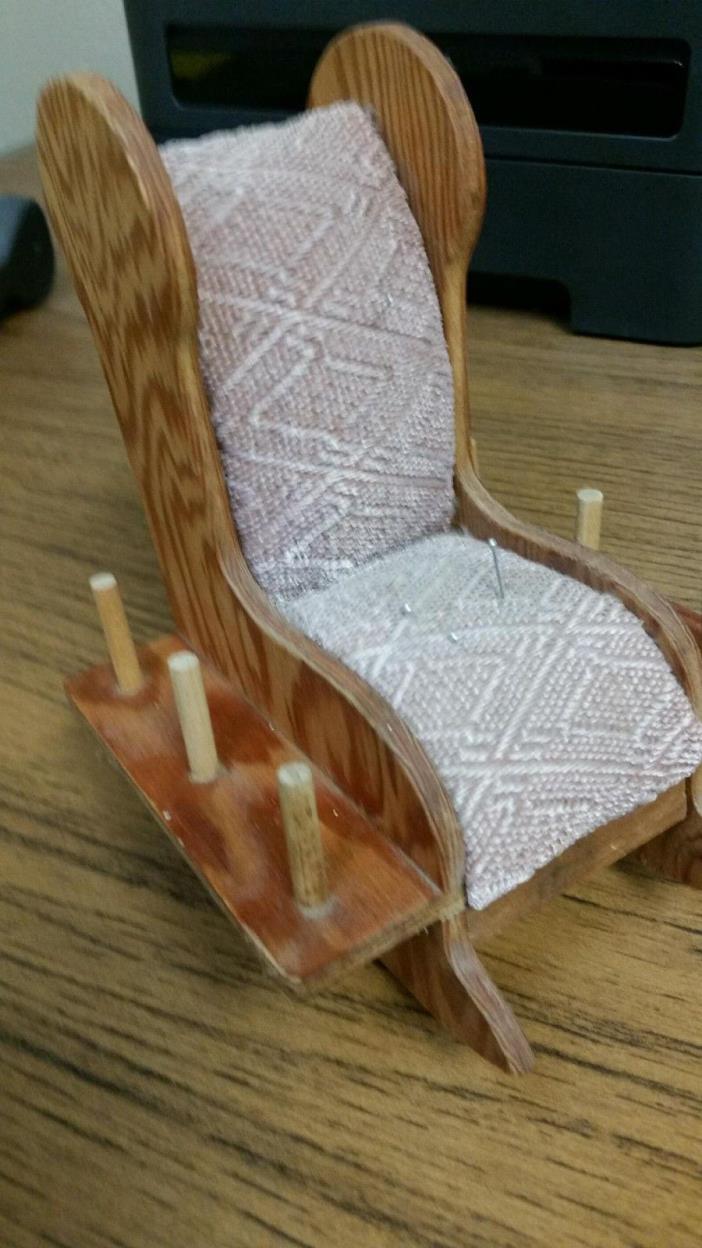 Cute Wooden Rocking Chair Sewing Caddy w/Spool Holders & Pin Cushion