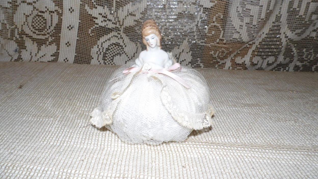 VINTAGE PORCELAIN GERMANY HALF DOLL PIN CUSHION WHITE PINK LACE RIBBONS