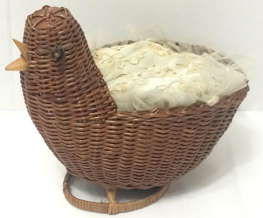 vintage 7 inch wicker chicken basket with blue and pink satin sewing pin cusion