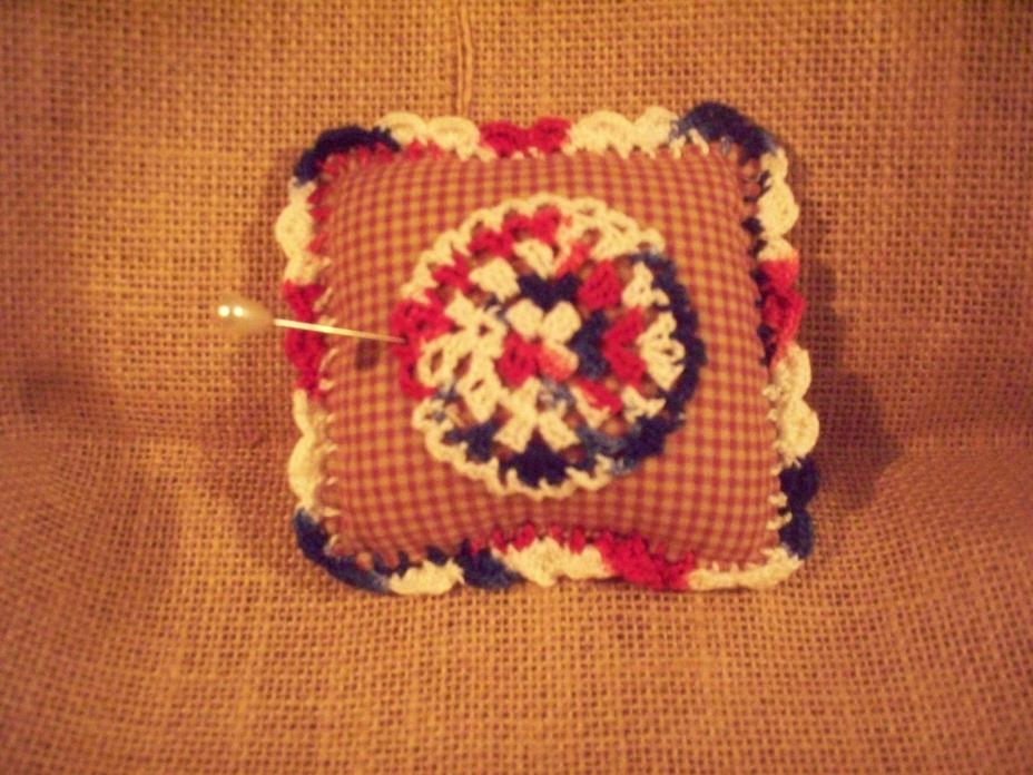 COLLECTIBLE, PIN CUSHION, HANDMADE, SEWING, CROCHET, RED CK FABRIC