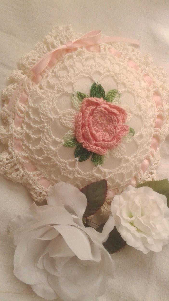 Vintage  Crocheted Pin Cushion Sachet roses 7