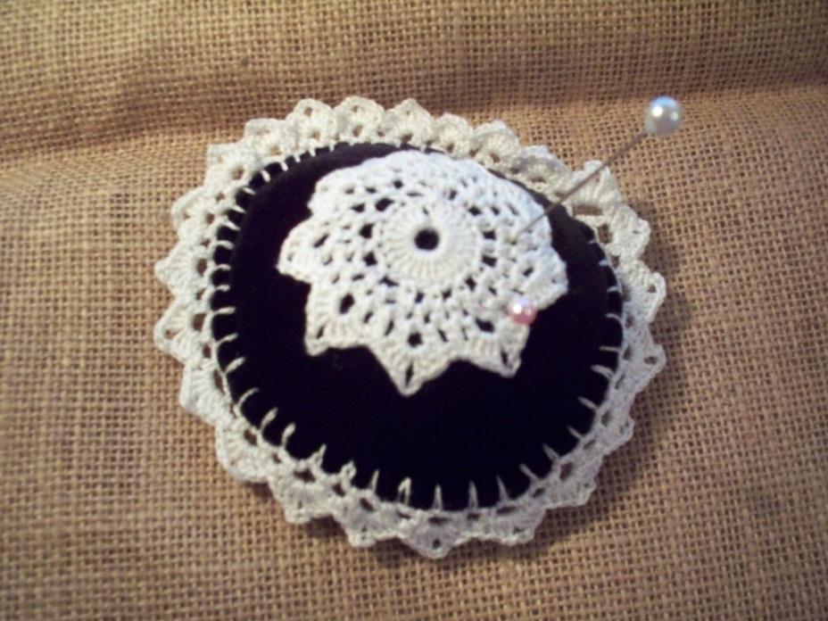 COLLECTIBLE, PIN CUSHION, HANDMADE SEWING, CROCHET, BLACK VELVET AND WHITE
