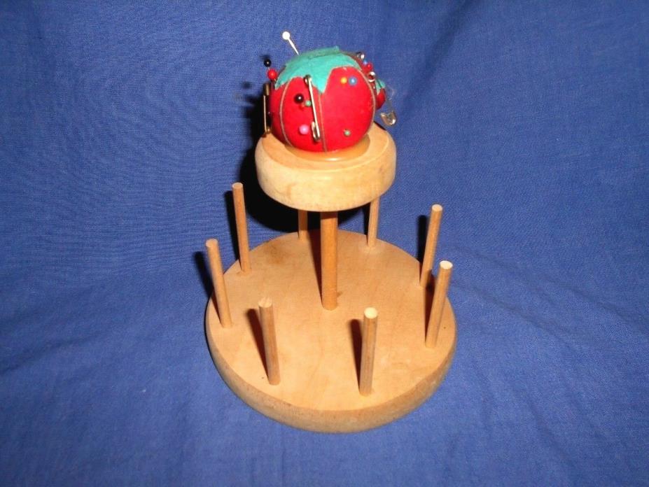 VINTAGE WOODED SEWING THREAD HOLDER PIN CUSHION