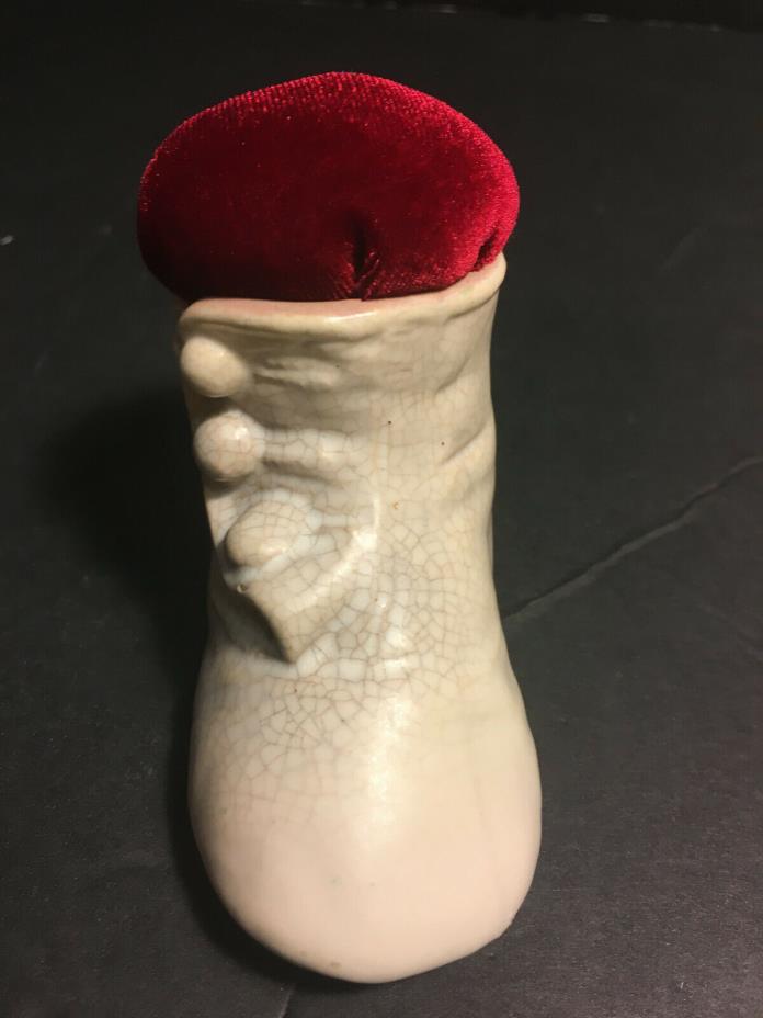antique ceramic childs baby shoe pin cushion~perfect for hat pin collection!