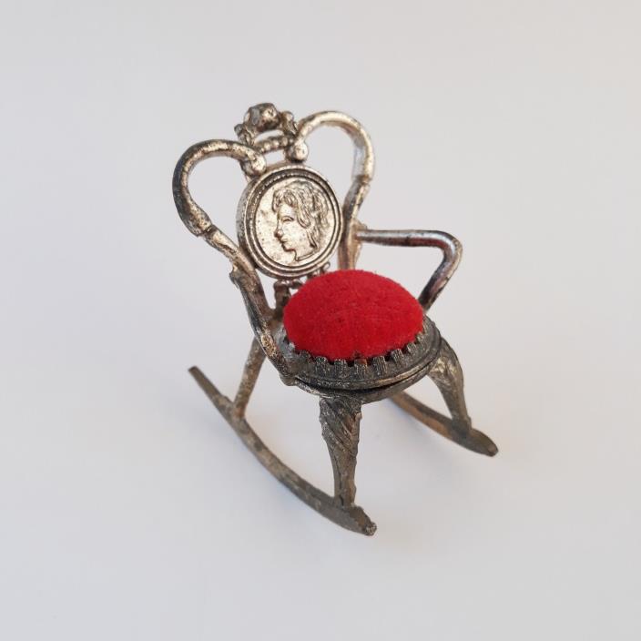 Vintage Rocking Chair Pin Cushion Metal Red Velvet Seat Face On Back