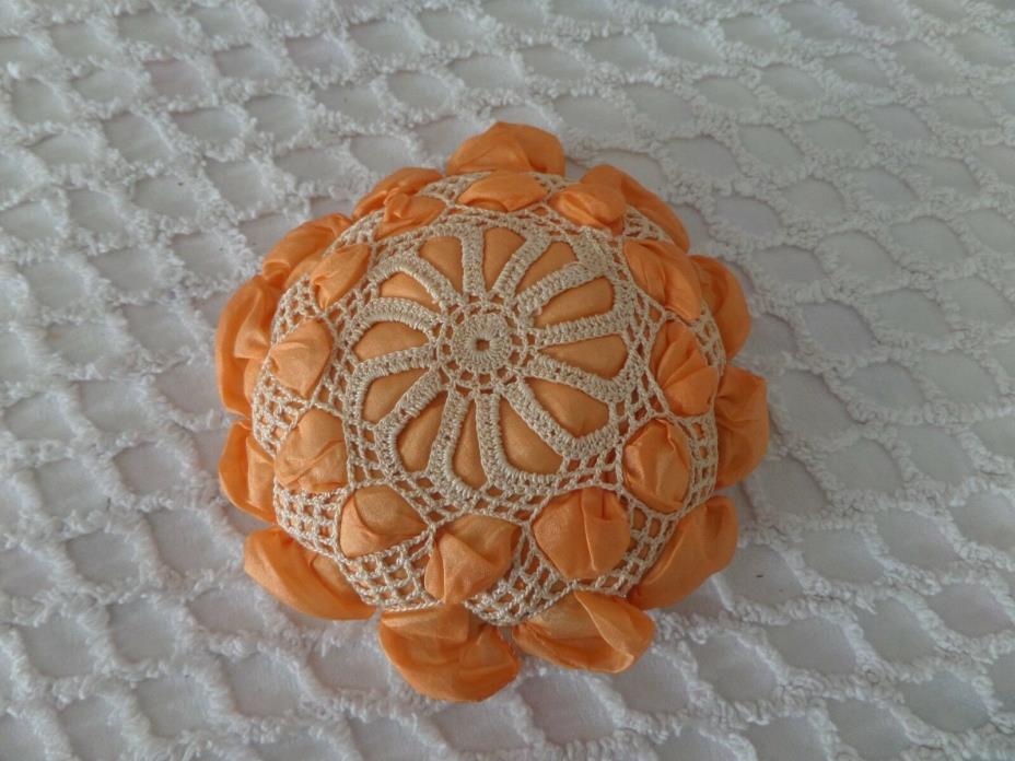 Vtg Pin cushion Crocheted orange ribbon 1930's Circle