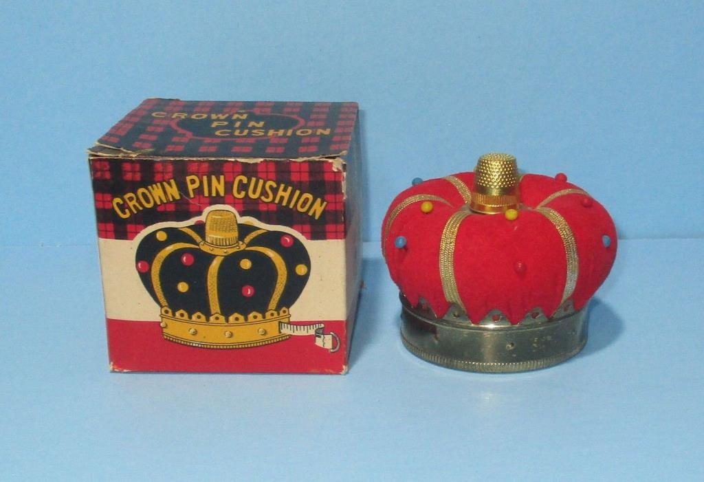 Vintage Crown Pin Cushion w/Thimble Tape Measure Original Box