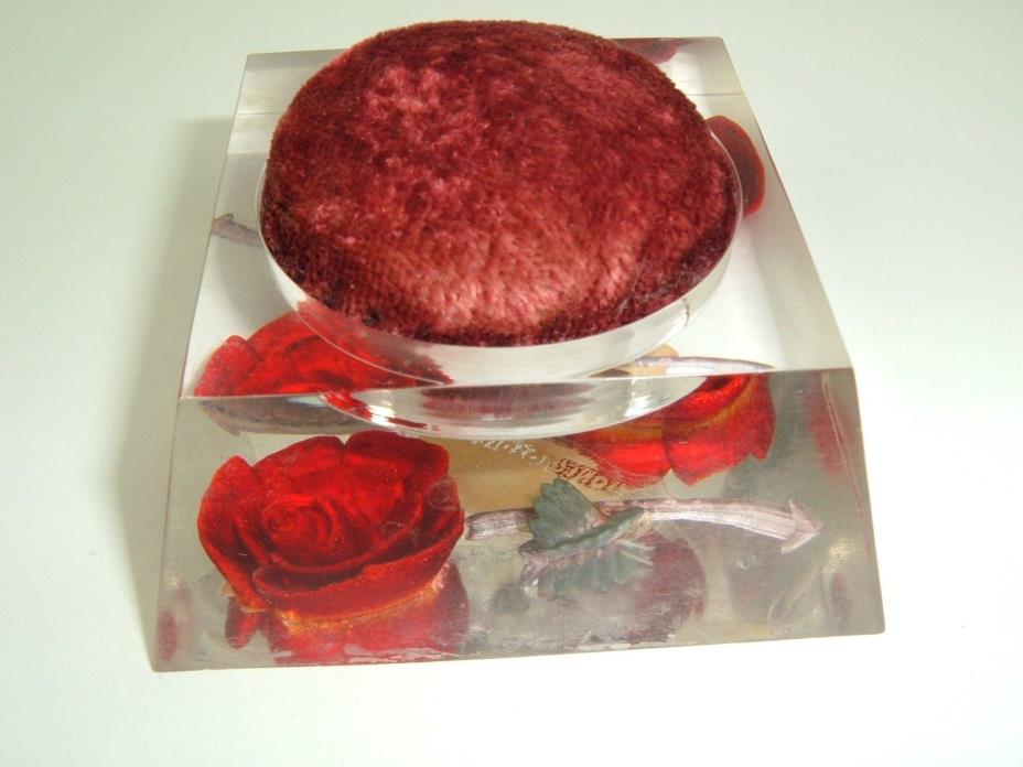 VTG Bircraft Hand Carved Hand Colored Red Roses Clear Lucite Pin Cushion Shabby