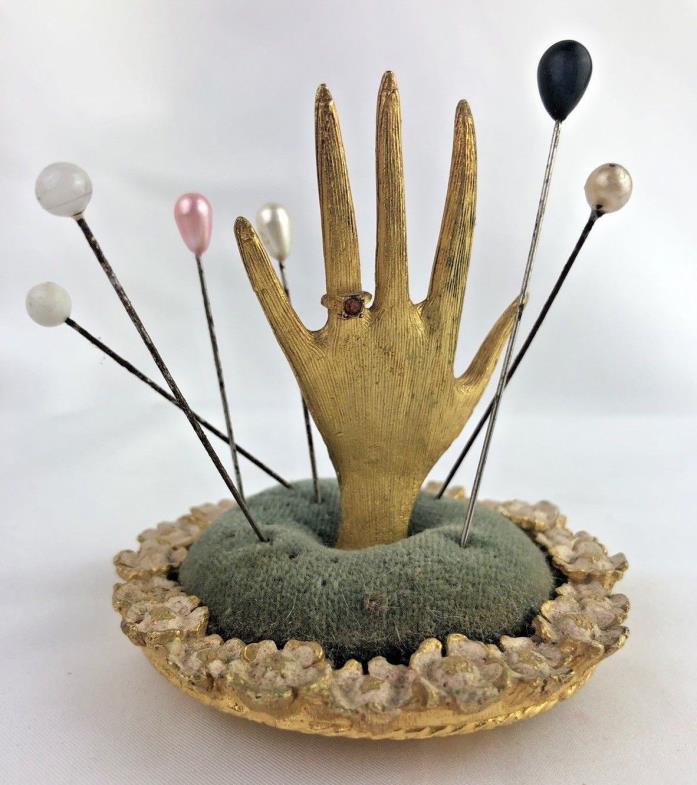 Vintage Metal Pin Cushion Velvet Hand in center of floral circle