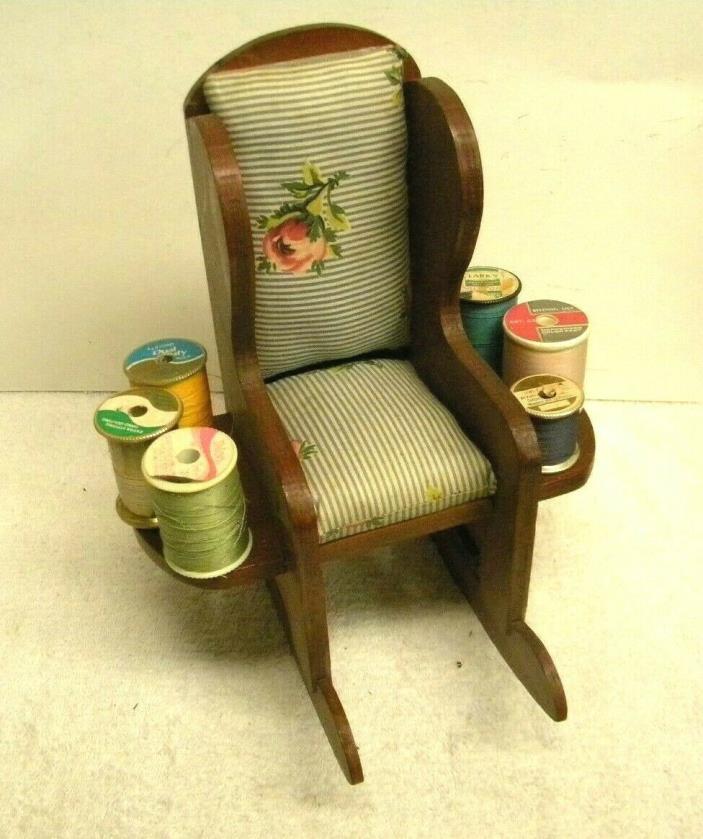 Vintage Wood Rocking Chair Sewing Thread Spool Holder & Pin Cushion