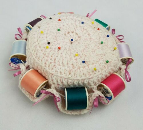 Vintage handmade pin cushion spools holder crochet
