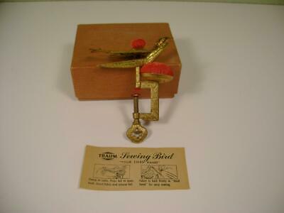 Vintage TRAUM SEWING BIRD CLAMP PIN CUSHION Gold Tone Metal Original Box