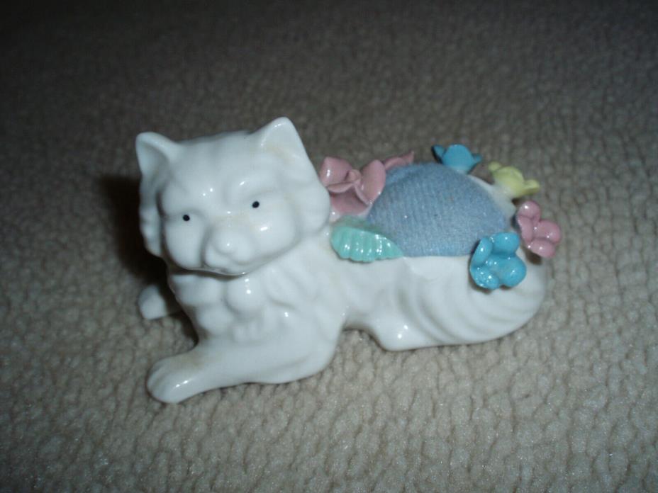 Vintage Porcelain Kitty Cat Sewing Pin Cushion White w/ Pastel Flowers Japan