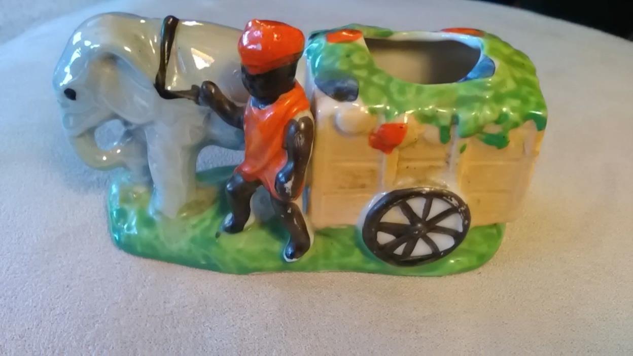 Vintage Pin Cushion /Toothpick Holder Black man guiding elephant and cart