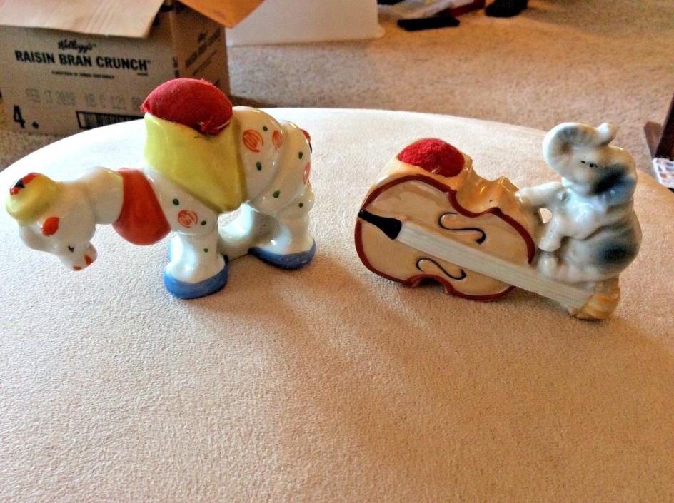 2 Pin Cushions Japan Michelin Like calico Camel & Elephant Musical Instrument