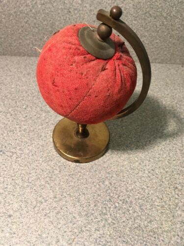 Vintage Red World Globe Rotating Pin Cushion