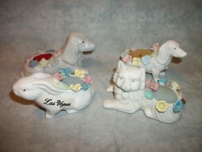 M65 White Ceramic Porcelain Pin Cushions with Flowers Dog Rabbit Vintage Lot 4