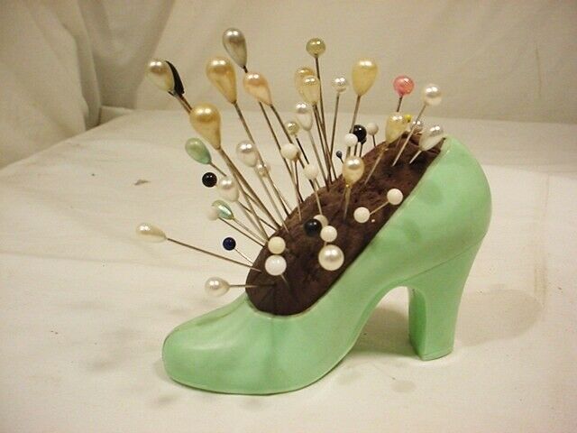 Vtg Green Celluloid High Heel Shoe Sewing Pin Cushion w Pins 4