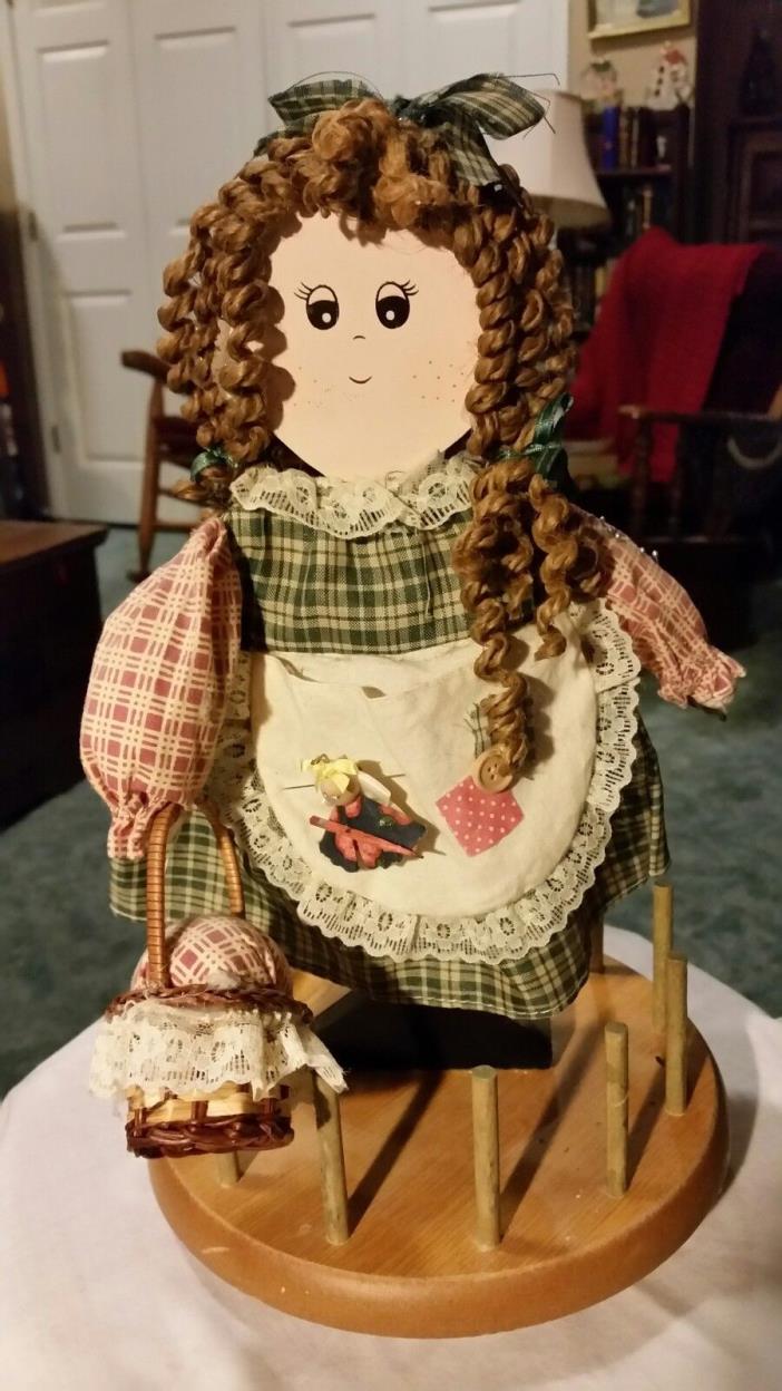 Vintage Wood Doll Thread Holder, Pin Cushion, Sewing, Craft Organizer, Country