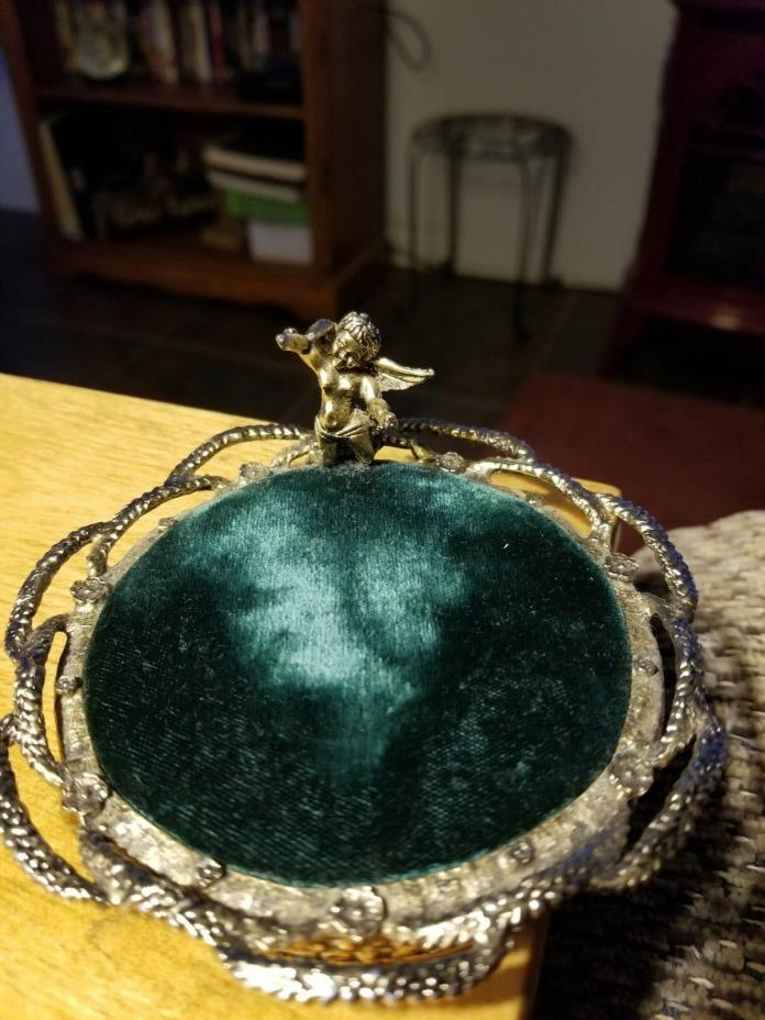 Vintage Cherub Pin Cushion Gold Tone Green Velvet Sewing