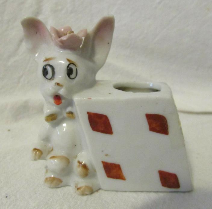 Vintage Made In Japan Porcelain Pin Cushion Rabbit With Raised Pink Flower