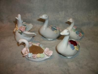 M61 Vintage White Ceramic Porcelain Pin Cushions with Flowers Swan Goose Lot 5