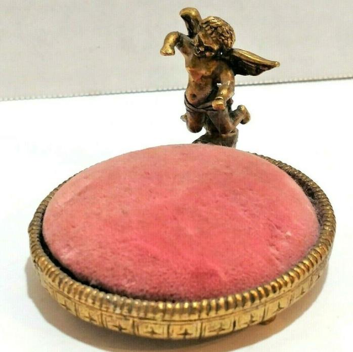 Vintage Solid Brass Pin Cushion Pink Velvet With Flying Cherub 3