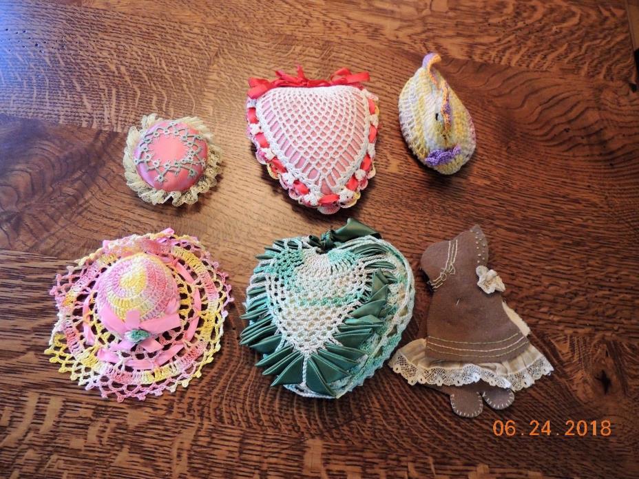 Vintage Large Lot 6 Pin Cushions Hand Made Embroidered, Tat Design & Felt