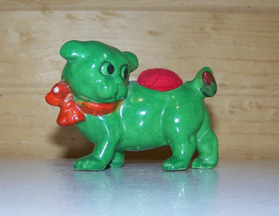 Vintage Small Porcelain Dog Pin Cushion from Japan Green St Patty's