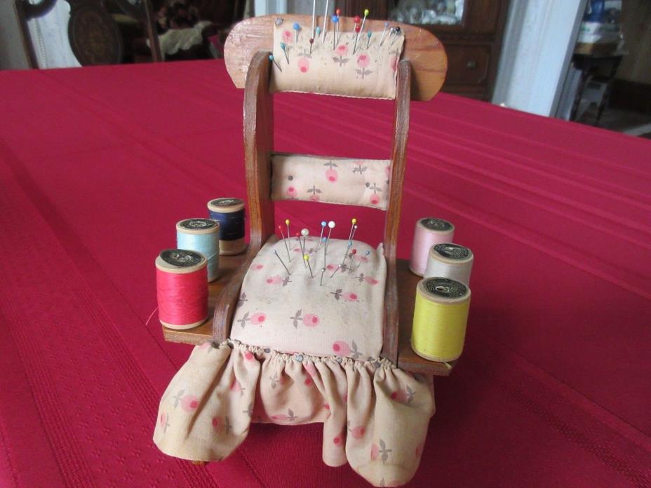 VINTAGE PIN CUSHION ROCKING CHAIR WITH WOOD SPOOLS OF THREAD CUTE!!