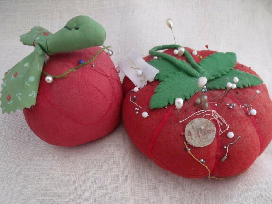 Vintage Tomato Pin Cushions one w/ tape measure one large lot of 2