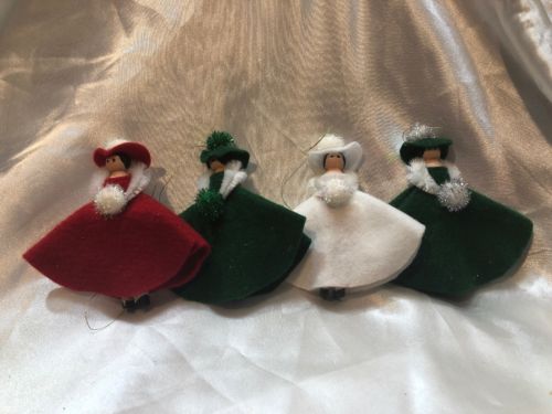 4 Vintage Cloths Pin Woman In Felt Dresses Ornaments