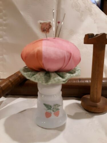 OOAK Handmade Pincushion Pin Keep Strawberry Pedestal with Silk & Yo-Yos GIFT