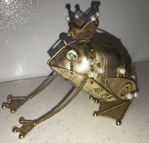 VINTAGE BEJEWELED PRINCE WIRE FROG PIN CUSHION GOLD VELVET BEADS CROWN