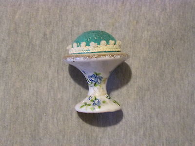 Vintage Enesco Porcelain Pedstal Pin Cushion Blue Flowers 2 1/2
